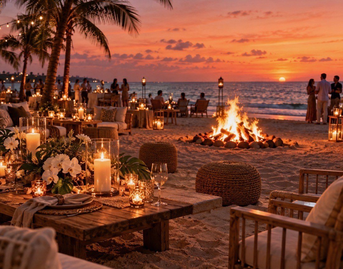 A candlelit beach dinner setup with a bonfire on the sand at sunset