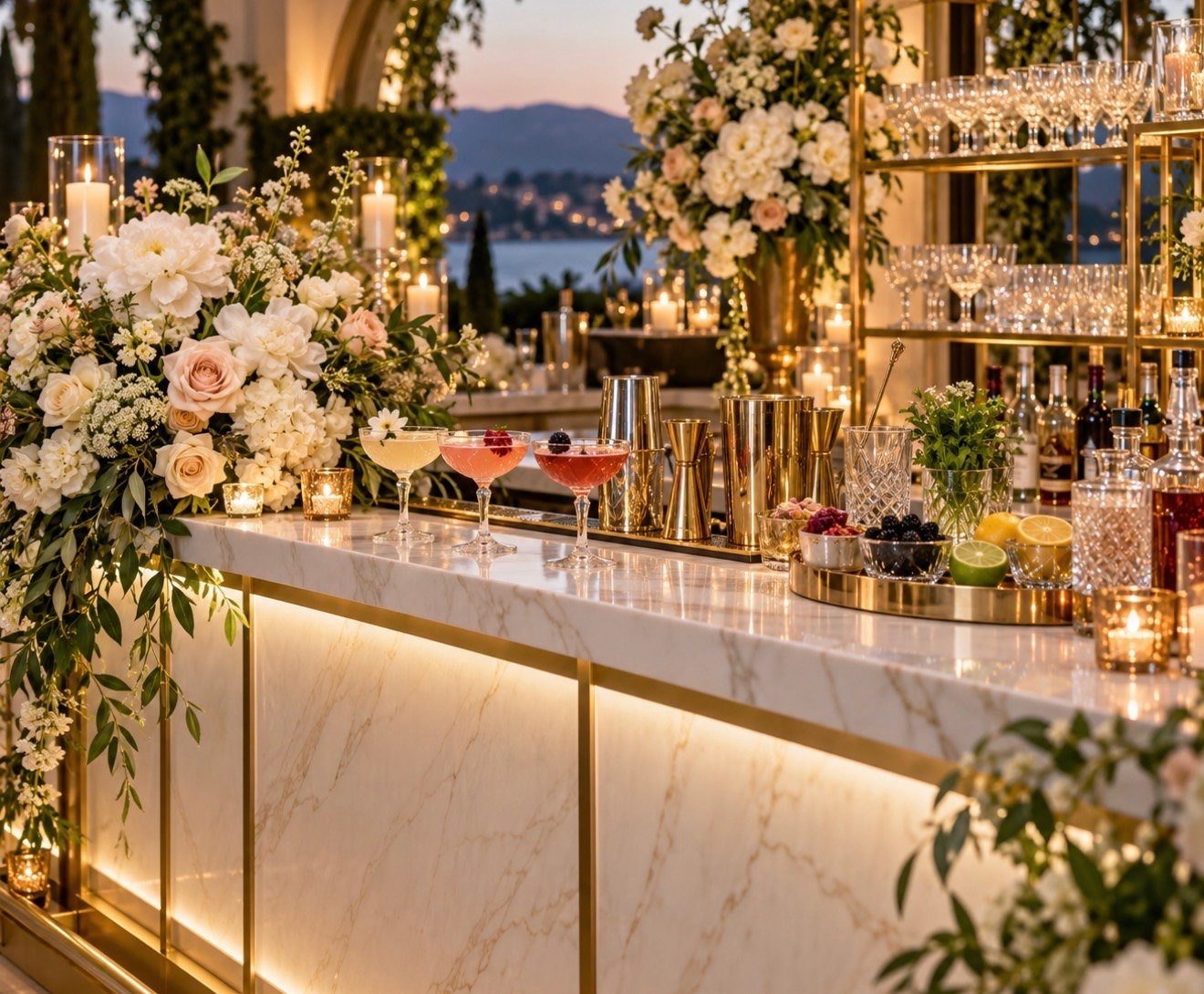 A backlit marble cocktail bar with gold bar tools, coupe cocktails, candles and lush floral arrangements at dusk