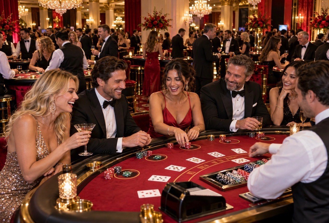 Guests in tuxedos and evening gowns laughing around a blackjack table at a casino night
