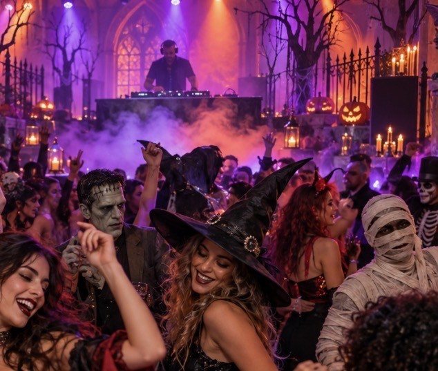 Costumed guests dancing in fog and purple light at a gothic Halloween party with a DJ, jack-o’-lanterns and candles