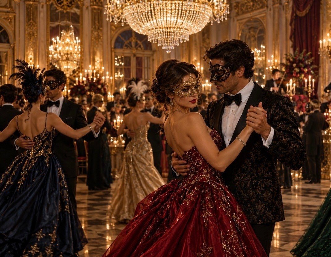Couples in gold masks and ball gowns waltzing under crystal chandeliers at a masquerade ball