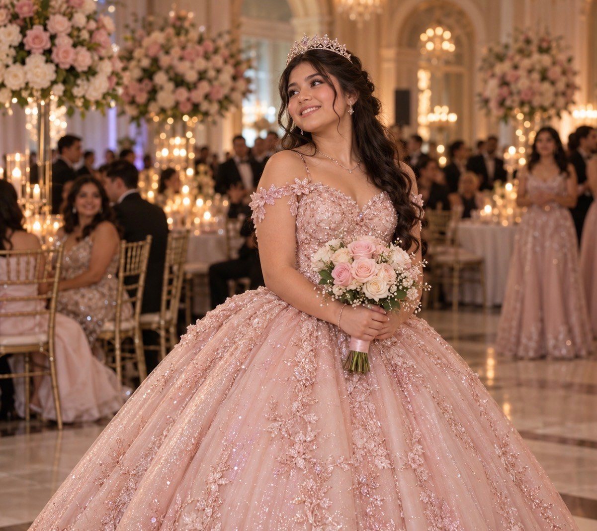 A quinceañera in a blush ball gown and tiara holding a rose bouquet in a candlelit ballroom