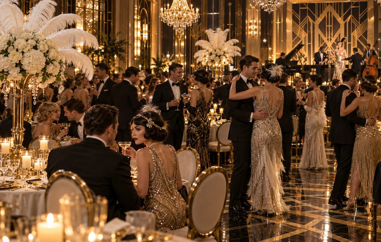 A Roaring ’20s gala with guests in beaded flapper dresses and tuxedos dancing beneath crystal chandeliers