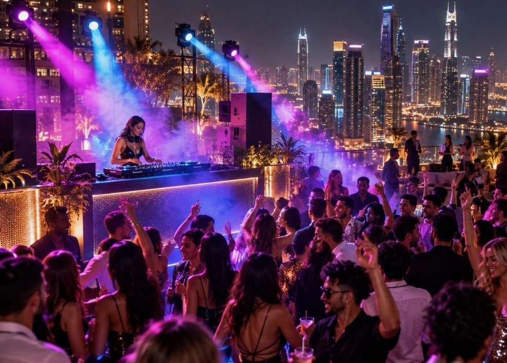 A rooftop party at night with a DJ under purple lights, a dancing crowd and a city skyline