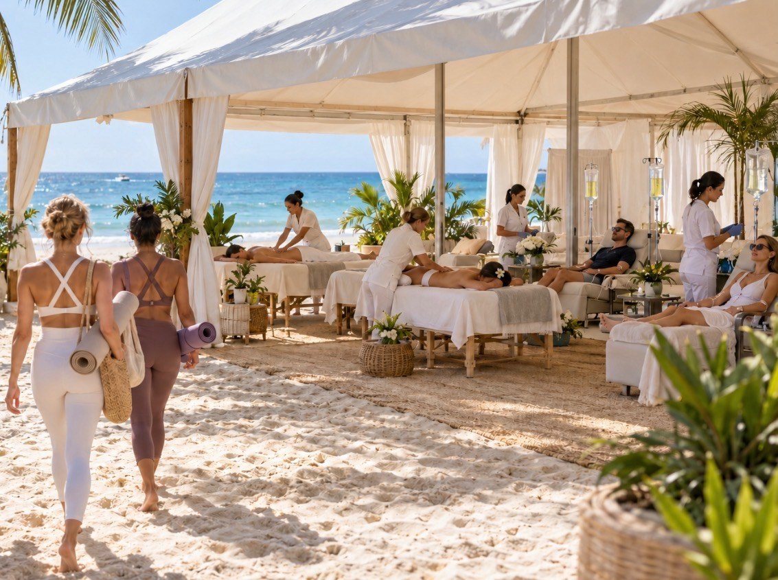A beachfront wellness tent with massage tables, IV therapy lounge chairs and guests carrying yoga mats